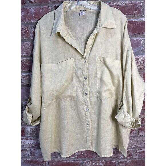 MAGASCHONI Butter Yellow Linen Button Down Shirt Size M Lagenlook Oversized - Picture 2 of 8